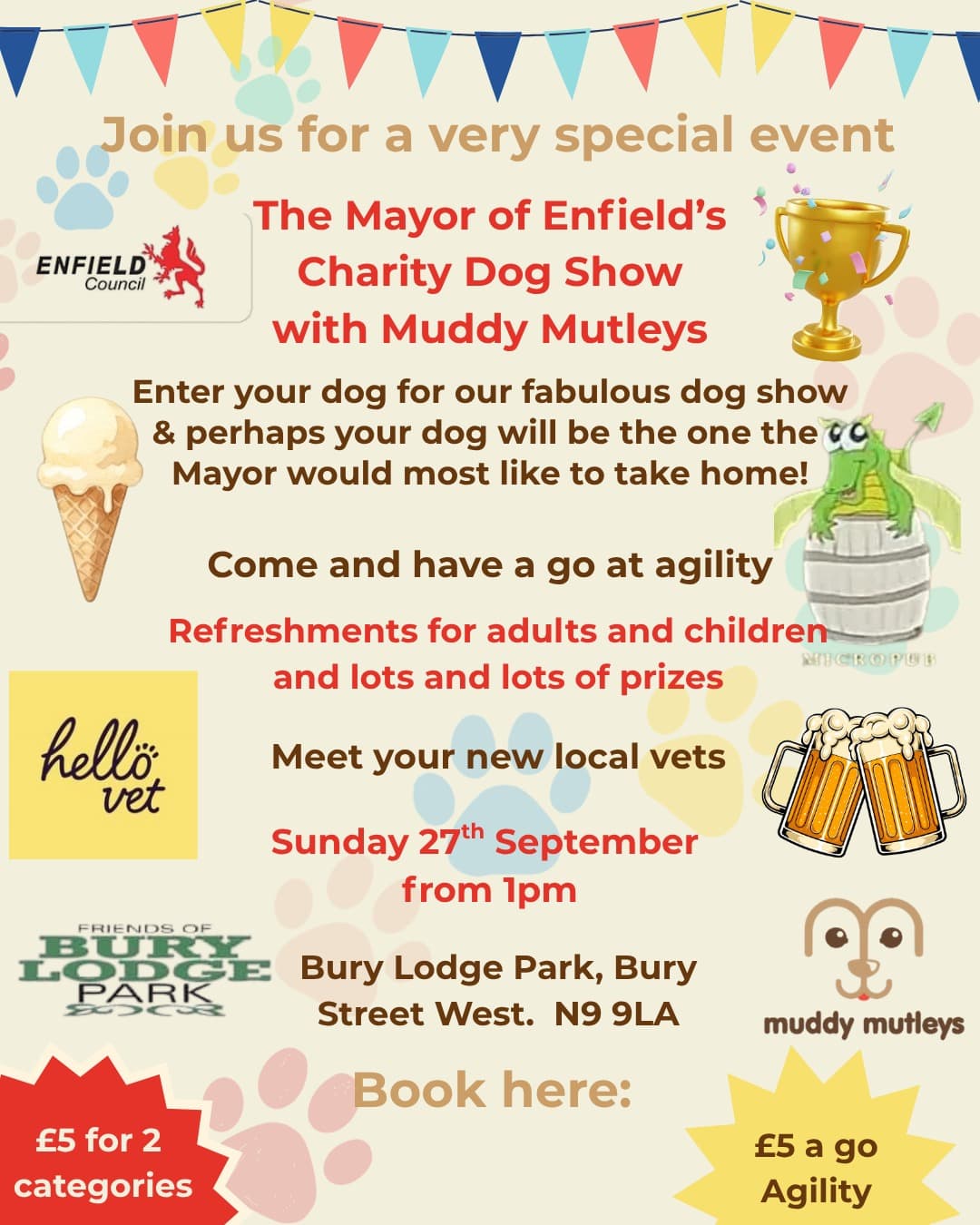 Mayor of Enfield's Charity Dog Show with Muddy Mutleys flyer, with full event details